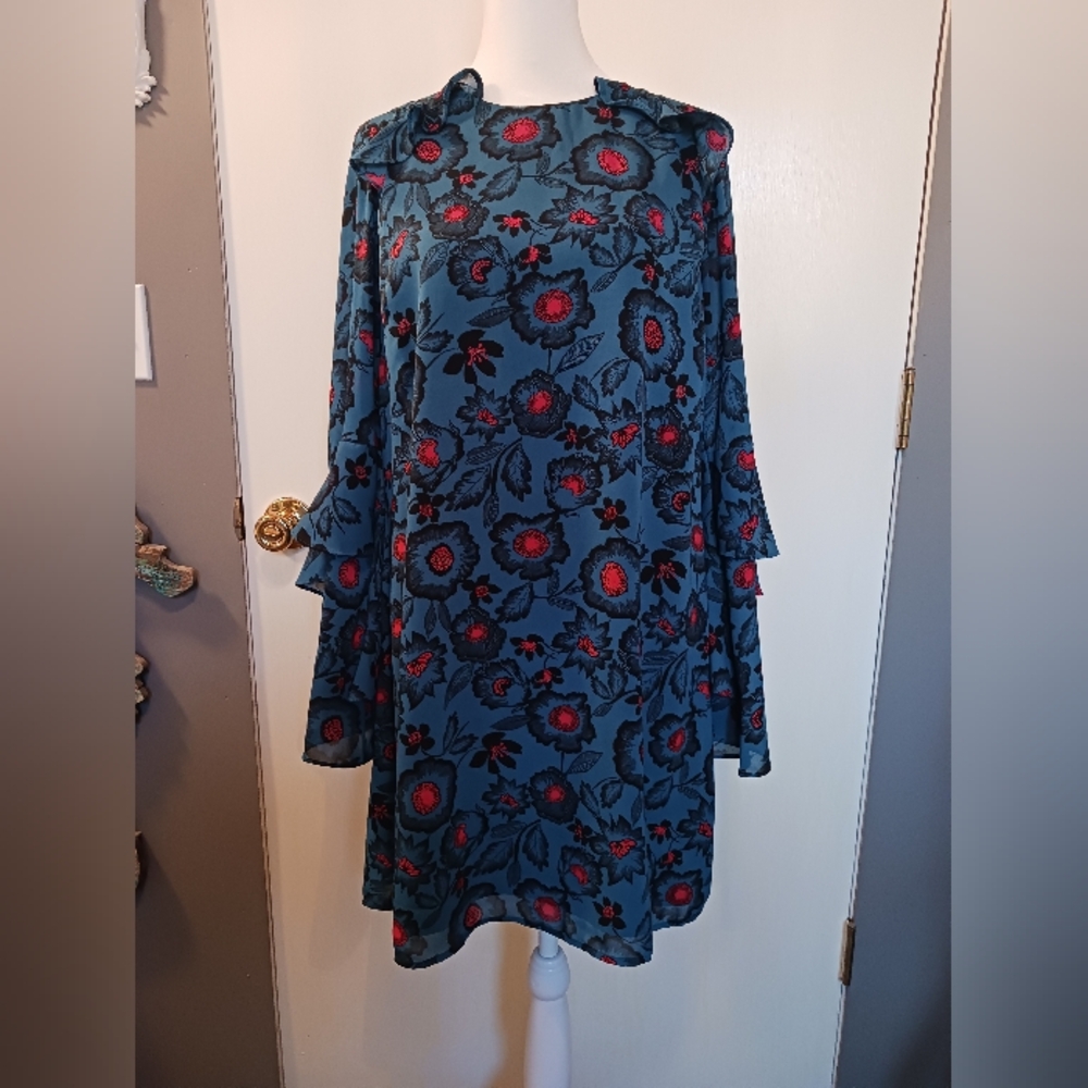 Tunic Mini Dress Women S Long Bell Sleeves Ruffles Liner Hashttag EUC